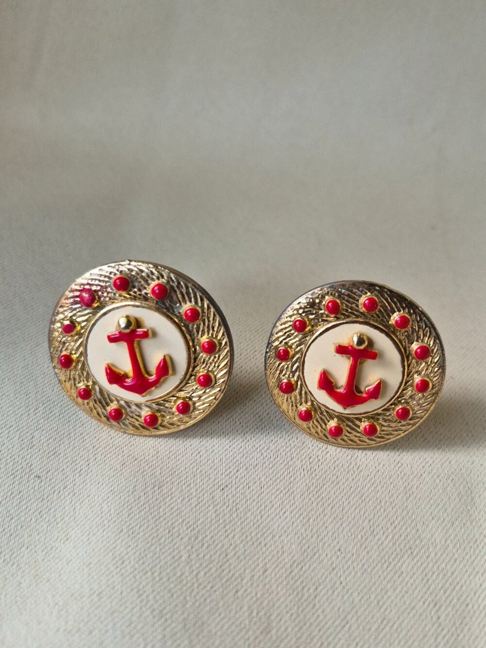 VTG Lawrence Bott Nautical Anchor Clip-On Earrings Gold Red Anchor Enamel 80s